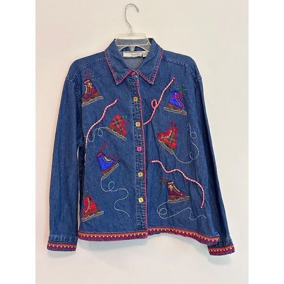 Carrie Allen Ice Skate All Over Embroidered Denim Shirt Jacket Shacket Womens XL - Picture 1 of 8